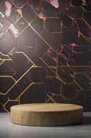 Modern Wooden Display Podium Against Marble Wall with Golden Geometric Accents photo