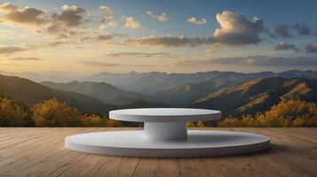 Minimalist Product Display Platform on Wood Deck with Mountain View photo