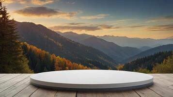 Product Display on Wood Deck with Mountain View During Autumn Sunset photo