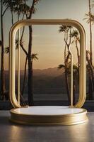 Stylish Gold Display Platform Featuring Tropical Palm Tree Sunset Background photo
