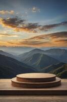 Wooden Podium Overlooking Mountain Range with Dramatic Clouds at Sunset photo