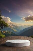 Display Platform with Scenic Mountain Background During Sunrise or Sunset photo
