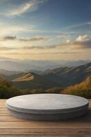 Platform for Product Display with Mountain View at Sunset Scenery photo