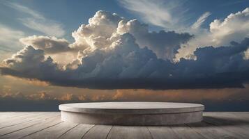 Displaying Podium with Dramatic Sky and Clouds on Wooden Planks photo