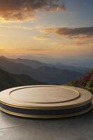 Wooden Product Display Platform with Mountain View at Sunset Background photo