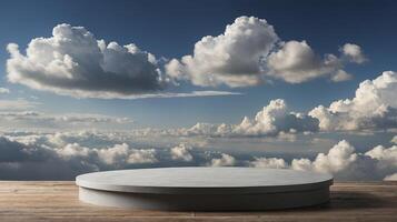 Round Podium Against Clouds, Blue Sky Backdrop on Wood Surface photo