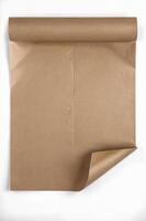 Unrolled Brown Kraft Paper Sheet on White Background Mockup Template photo
