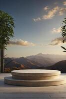 Elegant Display Podium with Mountain View for Product Showcase and Scenery photo