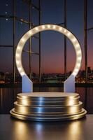 Presenting Product Display on Stage with City Night Skyline Backdrop photo