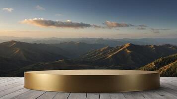 Golden Podium Stage Over Wooden Floor with Mountain Scenery Background photo