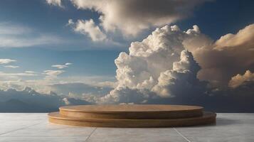 Product Display Platform on Concrete Overlooking Cloudy Sky Landscape photo