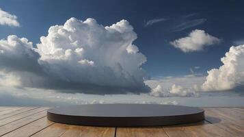 Display Podium on Wooden Floor with Dramatic Sky Background for Product Presentation photo