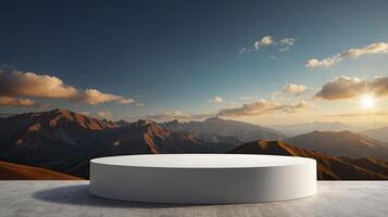 White Podium on Concrete with Mountain Landscape Background During Sunset photo