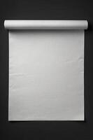 Blank White Paper Roll Hanging on Dark Wall for Presentation Mockup photo