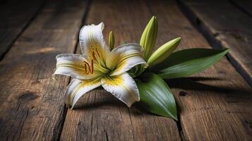 Lily Flower with Leaves Lying on Rustic Wooden Table Surface photo