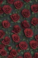Elegant Red Roses Pattern with Dark Background and Green Leaves photo