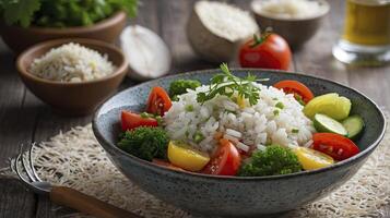 Serving Rice Bowl with Vegetables on Wooden Table Top for Healthy Food photo