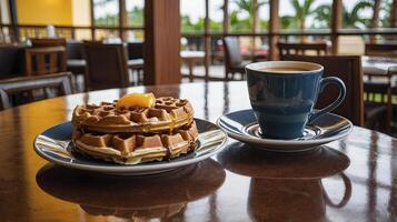Delicious Waffles with Syrup and Coffee Cup on Restaurant Table photo
