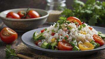 Delicious Rice Salad with Fresh Tomatoes and Cucumbers on Plate photo
