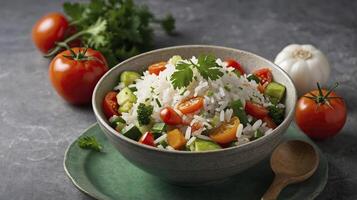 Serving of Rice Salad with Fresh Vegetables for Healthy Meal photo