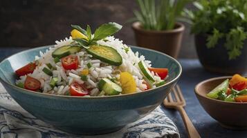 Rice Salad Served in Bowl with Fresh Vegetables and Basil photo