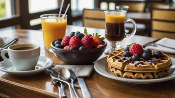 Enjoying Delicious Breakfast Still Life with Waffles, Berries, Coffee and Juice photo