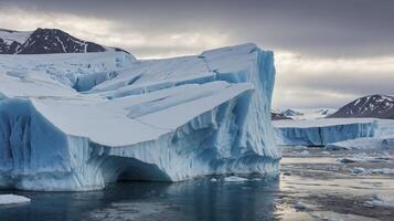 Majestic Iceberg Floating in Arctic Waters with Snow Covered Mountains photo