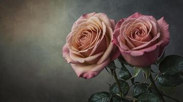 Two Pink Roses Blooming on Dark Background for Romantic Occasions photo