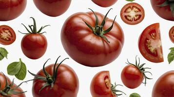 Floating Red Tomatoes and Basil Leaves on White Background Pattern photo