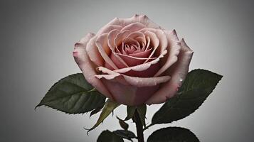 Close-up of Beautiful Rose with Water Droplets Against Soft Gray Background photo