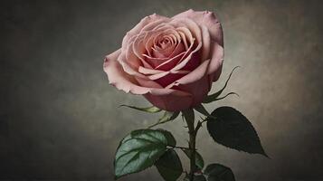 Elegant Pink Rose Blossom with Green Leaves on a Textured Background photo