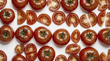 Fresh Red Tomatoes Pattern with Slices on White Background Overhead View photo