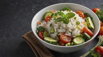 Bowl of Rice Salad with Fresh Vegetables on Dark Textured Background photo