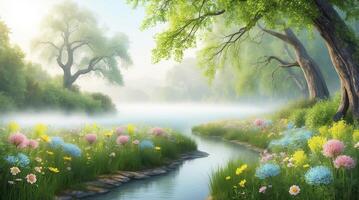 Tranquil River Flowing Through Spring Meadow with Trees and Mist photo