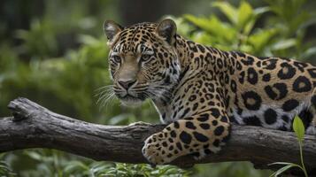 Resting Jaguar Portrait on Branch with Green Foliage in Background photo