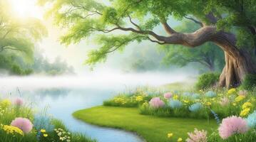 Tranquil Lakeside Scene with Flowers and Mist Nature Scenery photo