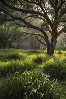 Sun Rays Filtering Through Trees in Lush Green Meadow with Flowers photo