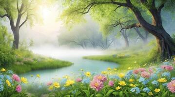 Tranquil River Flowing Through Lush Meadow with Spring Wildflowers photo