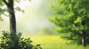 Walking Through Tranquil Green Meadow Landscape with Sunny Soft Spring Light photo