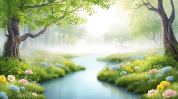 Peaceful River Flowing Through Misty Forest Meadow with Blooming Flowers photo