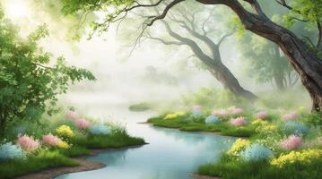 Tranquil River Scene with Foggy Landscape and Colorful Wildflowers photo