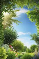 Walking Through Beautiful Lush Green Garden with Flowers and Sunny Sky photo