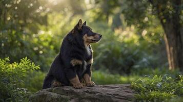Dog Sitting on Rock Looking Away in Forest Sunlight photo