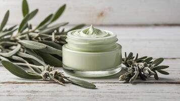 Herbal Face Cream in Glass Jar with Plant Accents on Wood photo