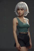 Woman with White Hair Wearing Tank Top and Shorts on Grey Background photo
