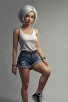Young Woman Posing in Denim Shorts and Tank Top with Sneakers photo