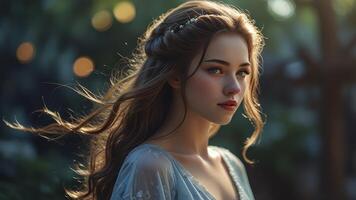 Portrait of a Young Woman with Long Hair and Romantic Look photo
