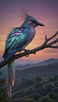 Exotic Bird Resting on Branch with Mountain Sunset Backdrop photo
