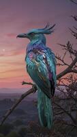 Colorful Fantasy Bird Perching on Branch at Dusk with a Scenic Backdrop photo