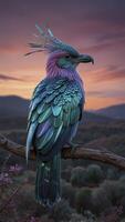 Exotic Bird Perched on Branch at Sunset with Fantasy Plumage photo